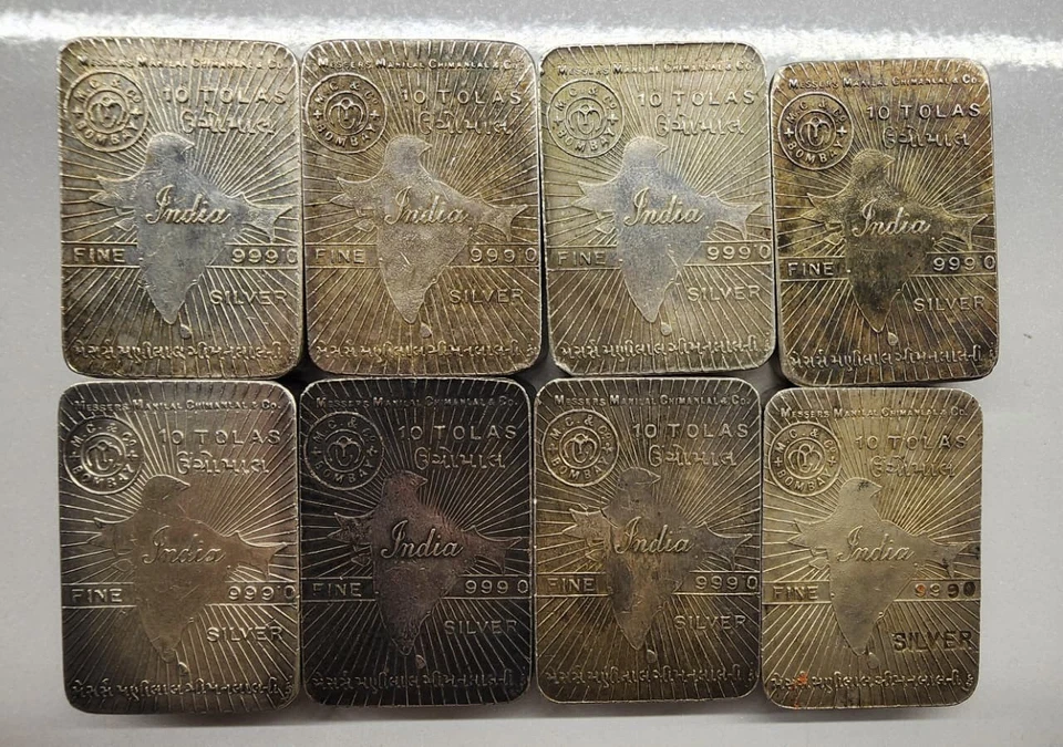 LOTE DE 8 PIEZAS BARRA DE PLATA MANILAL CHIMANLAL & CO. 10 TOLAS EXTREMADAMENTE RARA Foto 1 de 1