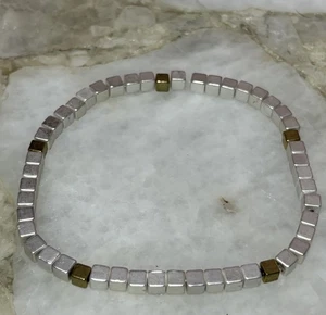 Thin & Dainty Cube Silver & Gold Tone Stretch Bracelet - Picture 1 of 4