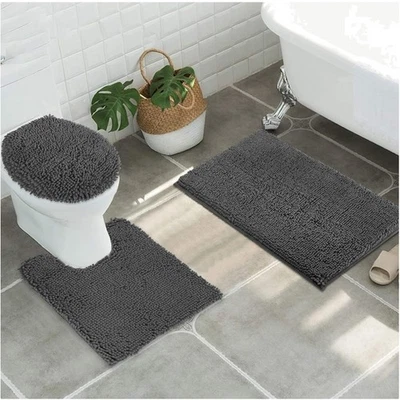 Versátil juego de alfombrillas de baño de chenilla de 3 piezas con alfombra de contorno en forma de U, carbón Foto 1 de 4