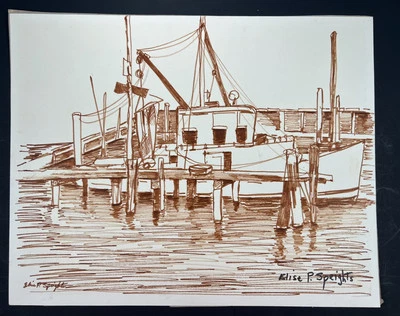 "Boceto de tinta de arte popular de colección para barco de pesca atracado en puerto dibujo 11x14""" Foto 1 de 4