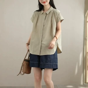 Damen Kurzarm Bluse Hemd Knopf Oberteil locker lässig Retro Ethno klassisch weich - Bild 1 von 20