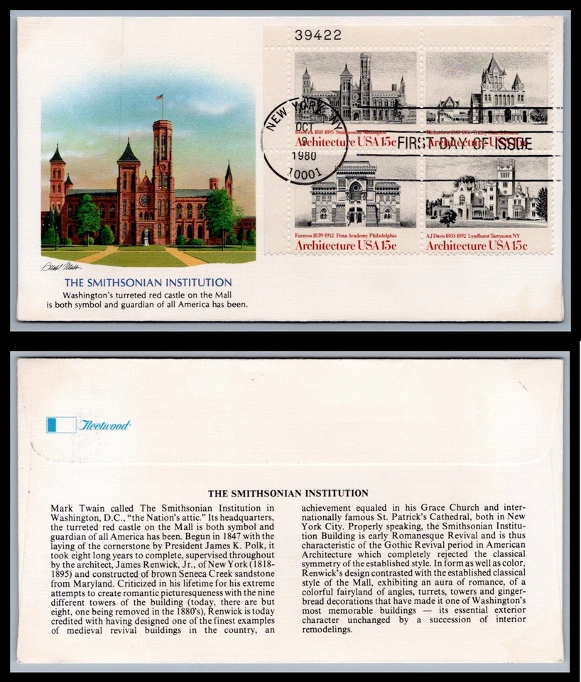 US FDC # 1838-1841 15c Architecture  Fleetwood Plate Block 39422 UL 1980, 9Q910 - Image 1 of 1