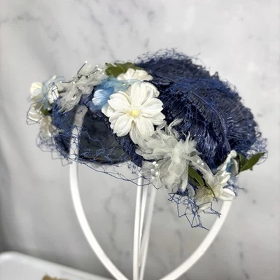 Vintage 1950s Hat Headband Floral Veil w Netting Headpiece Navy Blue Straw 50s - Image 1 of 4
