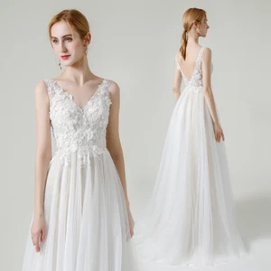 Wedding Dresses v-neck Lace Appliques Tulle Bride ball Gown Sexy Floor Length - Picture 1 of 5