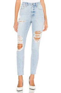 GRLFRND Distressed Karolina Jeans Size 26 High Rise Light Wash Button Fly Skinny - Picture 1 of 12