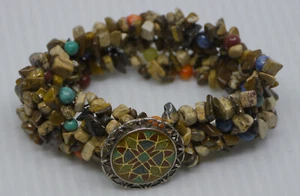 L - RELIOS CAROLYN POLLACK STONE STRETCH BRACELET w STERLING INLAY MEDALLION - Picture 1 of 4