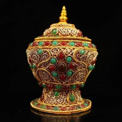 Filigrana de prata tibetana antiga tibetana de 4,8 pol. frasco de relíquia de gema dourada pote vasilha - Imagem 1 de 4