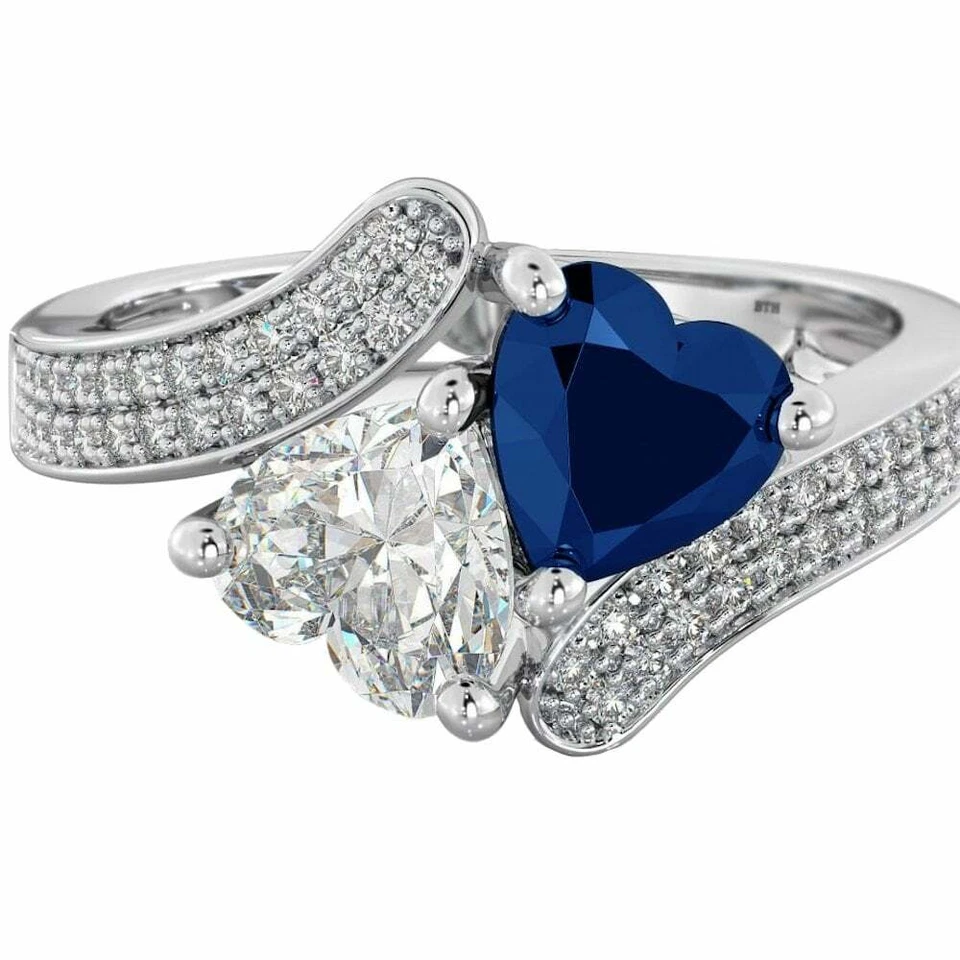 Genuine 925 Silver Ladies Sapphire Blue Heart Wedding Engagement Bridal Ring  - Image 1 of 4