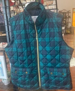 St John’s Bay Green Plaid Puffer Vest L Gold Zipper Buttons With Pockets - Picture 1 of 7