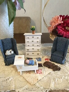 Vintage Dollhouse Nursery Furniture Lot 15: Cradle Dresser Baby Dog Cat Flowers - Picture 1 of 21
