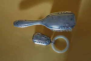 RARE ANTIQUE EUROPEAN BABY SET ART DECO SILVER PLATED RATTLE WHISTLE & HAIRBRUSH - Picture 1 of 12
