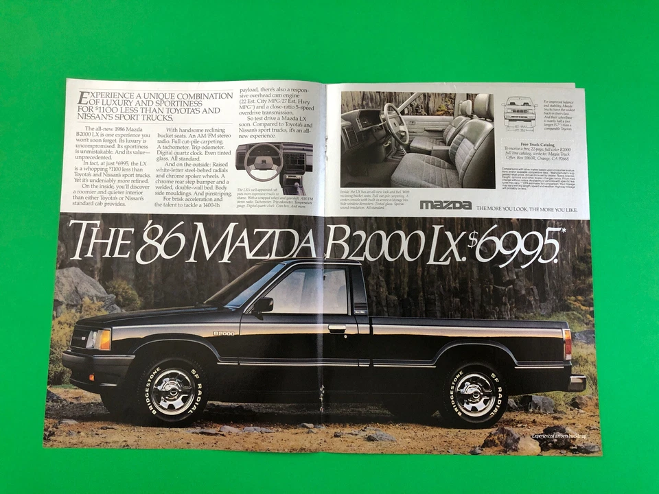 1986 MAZDA B2000 PICKUP TRUCK ORIGINAL VINTAGE PRINT AD ADVERTISEMENT 2 PAGE - Image 1 of 1