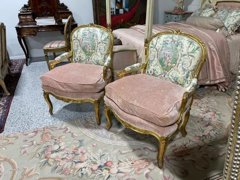 Gorgeous Pair of Louis XVI Antique French Bergeres Gilt & Upholstered Arm Chairs Cover