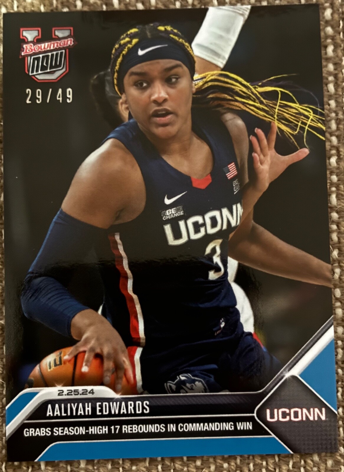 Aaliyah Edwards UCONN - 2023-24 Bowman U Now Blue Parallel 29/49 # 57 UConn