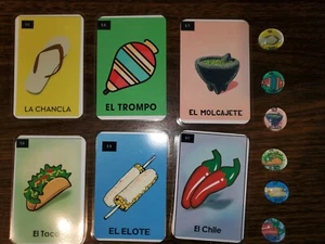 6 NEW Loteria  CHANCLA TROMPO MOLCAJETE TACO ELOTE CHILE 55 TO 60 CARDS AND GEMS - Picture 1 of 4