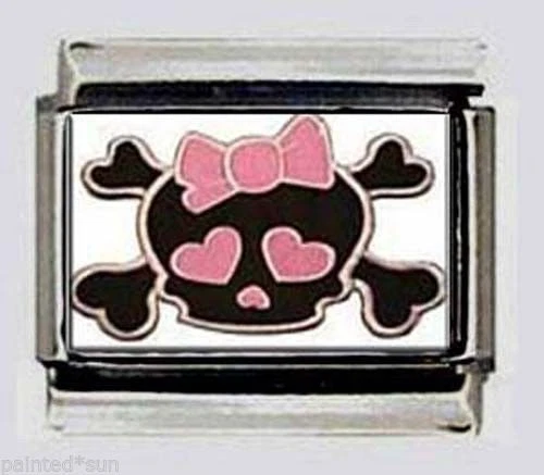 Calavera Huesos Niña Rosa Arco Foto Italiana 9mm Dije para Pulseras ENLACE Modulares Foto 1 de 1
