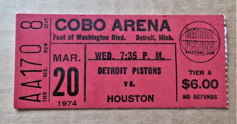Detroit Pistons vs Houston Rockets Ticket stub Mar 20, 1974 - COBO Arena ! Cover