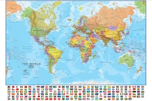 150 x 100 CM Map Of The World Flags Education School Wall Print Poster Travel - Picture 1 of 9