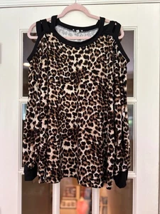 EUC White Birch Tunic Top 2X Black Animal Leopard Print Strappy Cold Shoulder - Picture 1 of 12