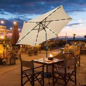 9 ft Patio Table Market Umbrella Yard Outdoor w/ Solar LED Lights Beige - Picture 1 of 8