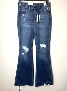 Judy Blue Flare Jeans Womens 11/30X33 High Waist Raw Hem Dark Wash Distressed - Picture 1 of 15