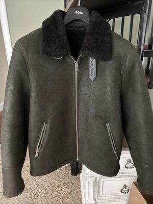 REISS MENS Kyelder Suede Western Shearling Jacket Coat in Forrest Green Size XXL - Image 1 of 4