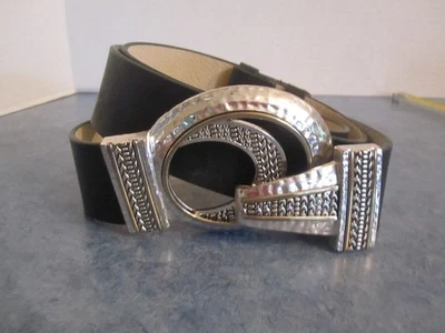 Chico's女式黑色皮革M/L皮带银色大块西南扣可调节 — 第 1/4 张图片