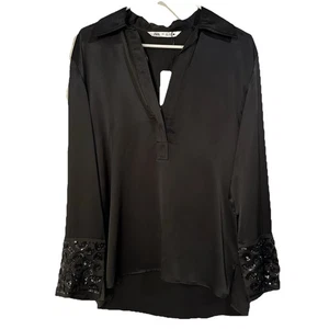 Neu Zara 89 $ schwarze Bluse Pailletten Perlen Satinoptik 2731/321 Large - Bild 1 von 6
