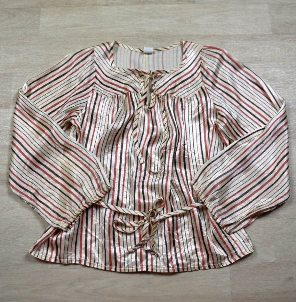 60s Satin Boho Blouse Striped Fowy Bell Sleeve Medium Hippy VTG - Image 1 of 4