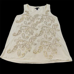 Tommy Hilfiger Damen ärmelloses Top weiß gold Jaquard Spitze Pailletten, Gr. M - Bild 1 von 8