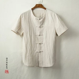 Camisa de manga corta estilo chino retro para hombre de algodón y lino con botones traje tang talla - Imagen 1 de 23