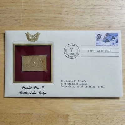 Réplica de sello de oro de 22kt de la Segunda Guerra Mundial Batalla de las Ardenas emisión de primer día con tarjeta Foto 1 de 4