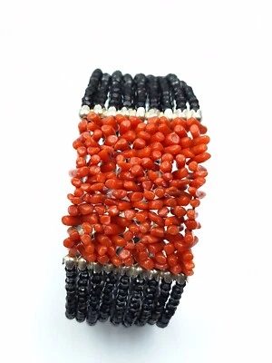 bracciale donna fascia a più fili vero corallo rosso naturale onice nero argento - Immagine 1 di 4