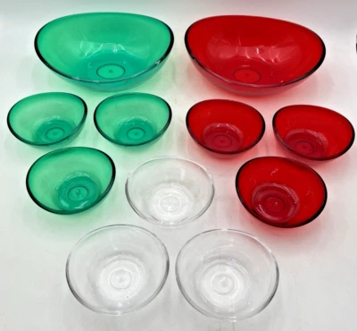 RED/ GREEN/ CLEAR PLASTIC OVAL SERVING BOWL SET (2) LARGE & (9) SMALL - Image 1 of 4