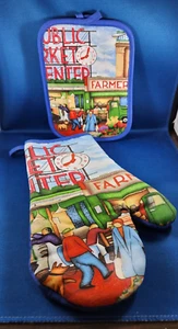 Vintage Oven Mitt & Potholder Seattle Washington Farmers Market Blue NEW - Picture 1 of 4