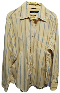 Nautica ♈Men's Printed LS Button up Shirt size L~yellow/blue/white stripe - Picture 1 of 3