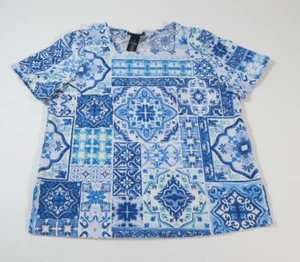 Alfred Dunner Women's Petite Blue Geometric Square Neck Top Size PS - Picture 1 of 5