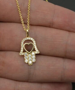 14K Solid Yellow Gold Hamsa  Pendant Good Luck Charm +18 Chain  - Picture 1 of 5
