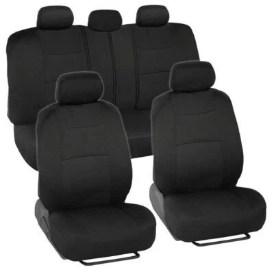 Car Seat Covers Front/Rear + Leather Steering Wheel Cover Universal Black - Image 1 of 4
