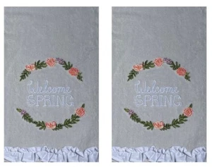 "Welcome Spring" Grey Embroidered Floral Cotton Kitchen Bath Hand Towels 2-pk. - Picture 1 of 3