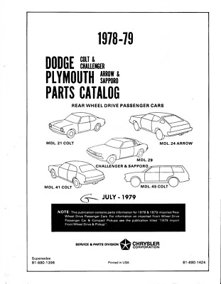 Excelente copia Plymouth Arrow Sapporo Dodge Challenger 1978-79 Mopar manual de piezas Foto 1 de 4