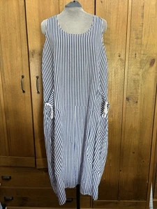 Made In Italy Navy Pink Stripe Linen 100%Linen Sleeveless Dress One Sz 12-20 NEW - Picture 1 of 16