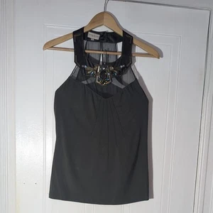 Karen Millen Ladies Top Size 12 Grey Jewel Silk Jersey Halterneck Party Keyhole - Picture 1 of 8