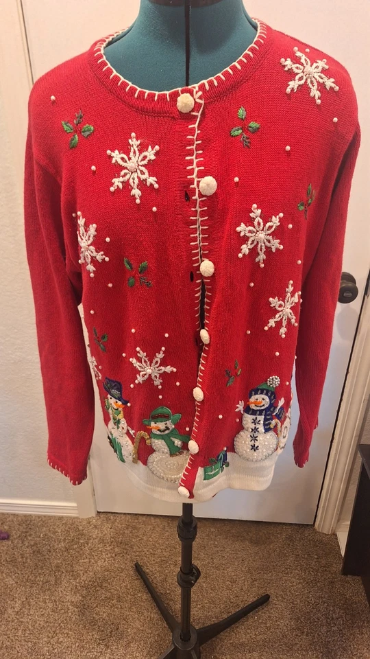Vintage B.P. Cárdigan Suéter Diseño Feo Navidad Muñeco de Nieve Copo de Nieve Bordado Foto 1 de 4