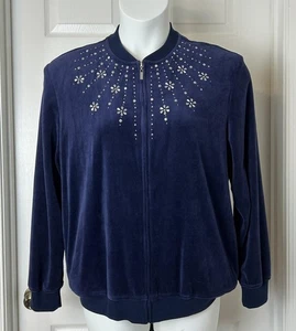 Alfred Dunner Jacke Damen 16 dunkelblau Velours Reißverschluss Blumen verziert Übergröße - Bild 1 von 17