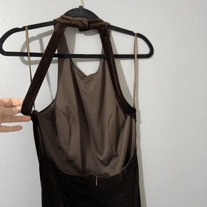 Vintage Damen Größe 14 Neckholder Maxikleid Kleid Y2K braun Samt glitzernd Abschlussball formell - Bild 1 von 24