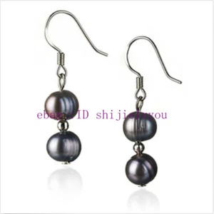 New 8-9mm Genuine Natural Black Freshwater Pearl 925 Silver Dangle Earrings - Picture 1 of 4
