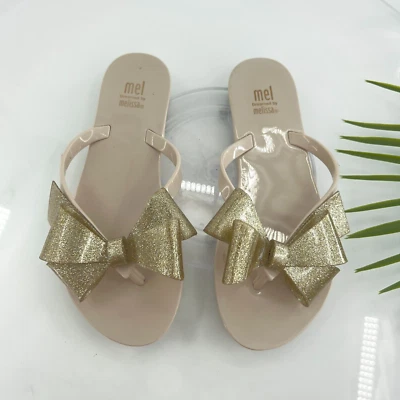 Melissa Womens Sandal Size 3 Harmonic Gold Beige Light Jelly Thong Glitter Bow - Image 1 of 4
