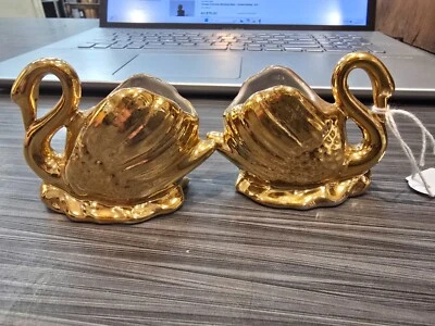 Vintage Pair Wembley Ware Gold Swan Toothpick Holder/Posey Vase - Australia - image 1 of 2