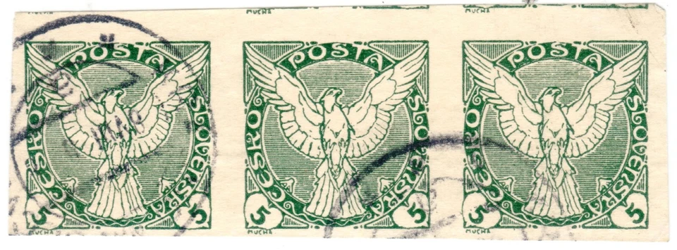 1920 Checoslovaquia 5 Haleru periódico 3 bloques sello halcón volador usado Foto 1 de 1